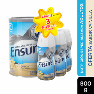 Ensure Polvo Sabnor Vainilla X 900 G + Gratis 3 Ensure Liquido Sabor Vainilla X 220 Ml - Ensure