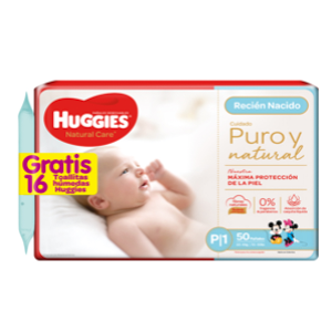 Pañal Huggies Natural Care P Etapa 1 X 50 Unidades (gratis 16 Toallitas Humedas) - Huggies