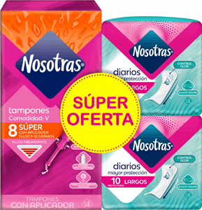 Tampones Nosotras Super Con Aplicador X 8 Unidades + 2 Protectores Largos X 10 Unidades  - Nosotras