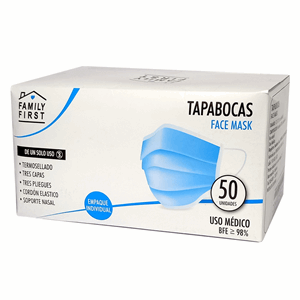 Tapabocas Desechable Azul 3 Pliegues Caja X 50 Unidades Elastico Con Empaque Individual - Family First