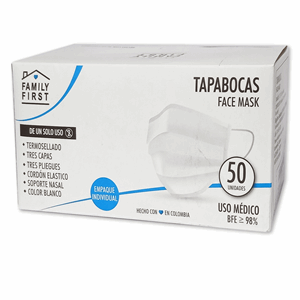 Tapabocas Desechable Family First Blanco 3 Plieg Caja X 50 Unidades Con Elastico Empaque Individual - Family First