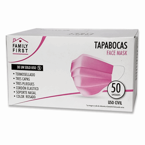 Tapabocas Desechable Rosado 3 Pliegues Caja X 50 Unidades Con Elastico Empaque Individual - Family First 