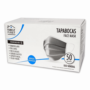 Tapabocas Deshechable 3 Pliegues Negro Caja X 50 Undades Con Elastico Empaque Indiviual - Family First